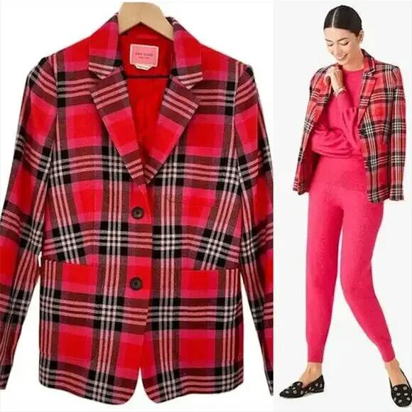 kate spade Jackets & Blazers - KATE SPADE $428 Wool Blend Fall Red & Black Plaid Stripe Blazer – Size 8